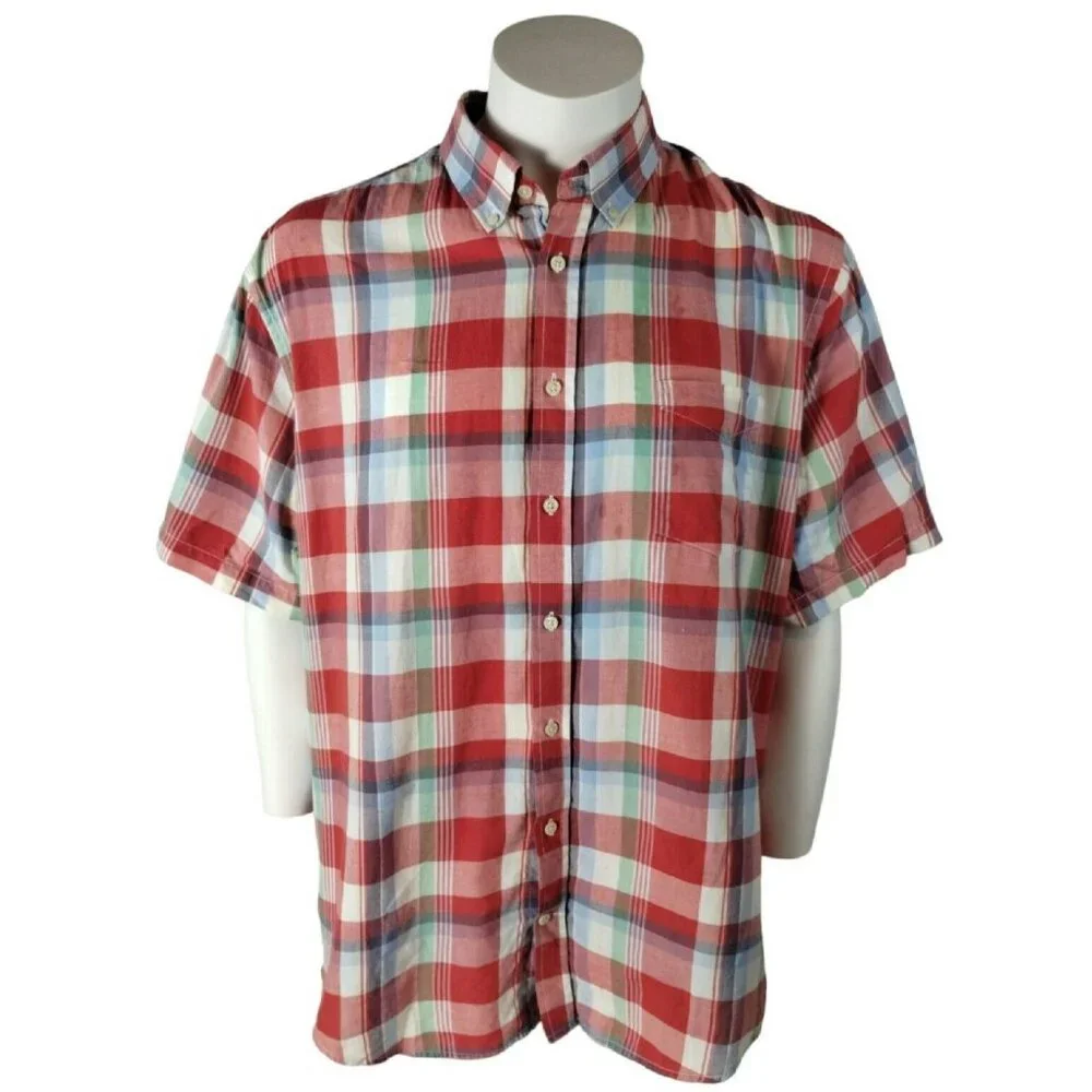 Merona Mens XXL Lightweight Red Plaid Short Sleeve Button Down Casual Shirt - Picture 1 of 12